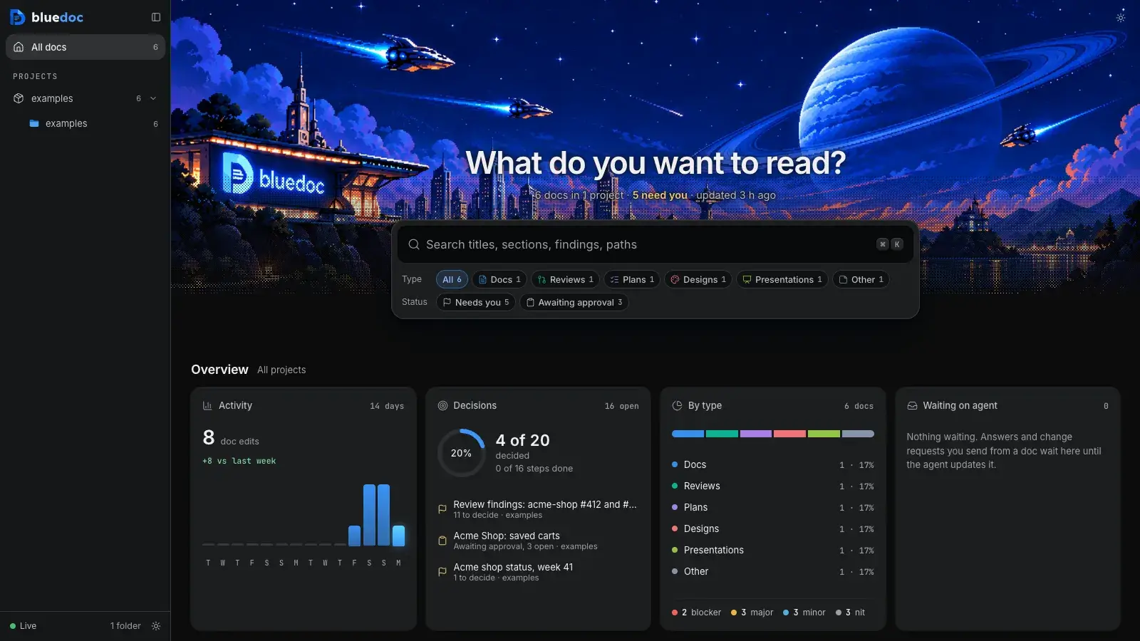 The bluedoc home page in dark mode: the pixel-art banner behind the title and search field, filter chips by type and status, the sidebar of projects and the doc cards.